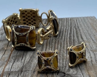 Vintage Monet Tigers Eye Bracelet And Earring Set / Vintage Earrings / Vintage Bracelet / Estate Jewelry Lot / Gold And Brown / Statement