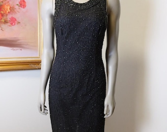 Vintage 100% silk black beaded evening gown as is