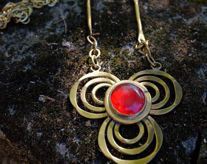 Vintage Rafael Canada Brass Necklace with Ruby Red Glass Cabochon