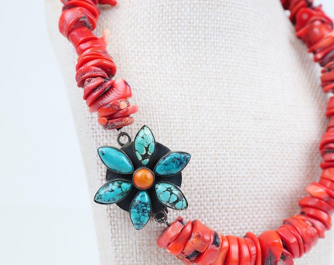 Vintage Navaho Red Coral Turquoise and Silver Choker Necklace
