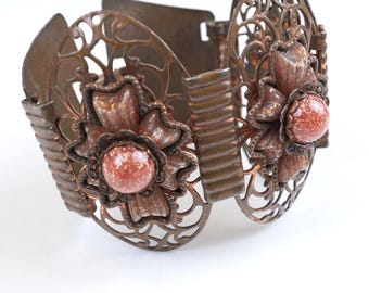 Goldstone Cabochon Copper Filigree Maltese Cross Bracelet
