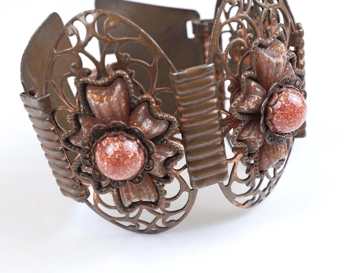 Goldstone Cabochon Copper Filigree Maltese Cross Bracelet
