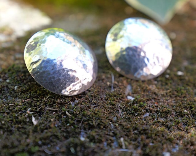 Giant Disc Stud Earrings, Vintage Hammered Finish, Solid Sterling Silver, Post Back