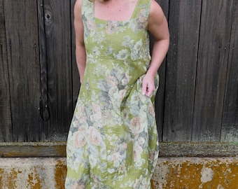 Vintage Green Floral Linen Dress