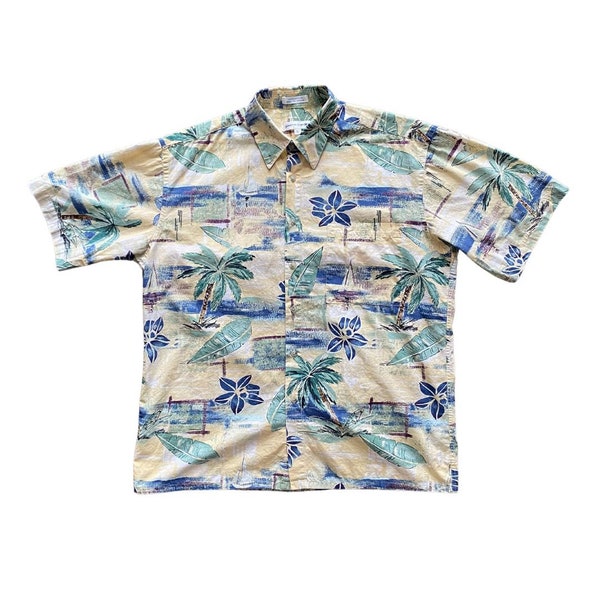 Pierre Cardin Hawaiian Cotton Button Down Shirt Made In Hawaii / Reverse Print Inside Out Hawaiian / Collared Cruise Shirt / Beach Cover Up