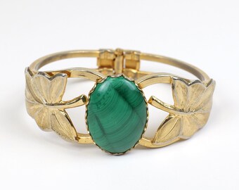 Malachite Gemstone Gold Tone Leaf Clamper Vintage hinged Bracelet 1950’s 1960’s