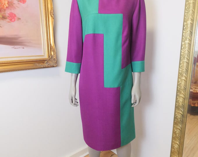 Women’s 1980’s color block geometric shift dress Vintage custom made size large dress