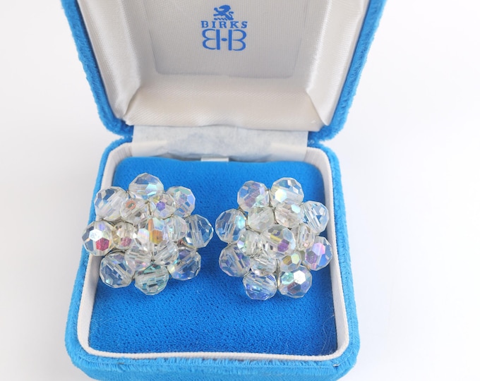 Beautiful vintage clear aurora borealis beaded flower clip on earrings for a woman / Estate jewelry / Glamorous vintage gift for her