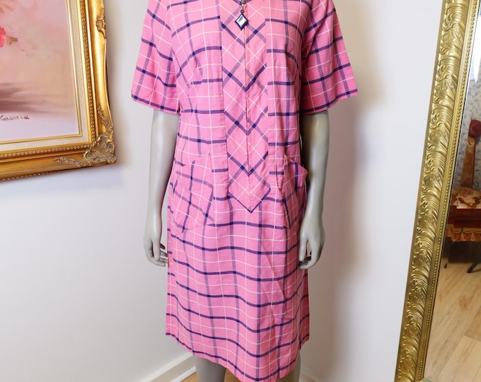 Vintage 1960s Plaid House Dress: Pink & Blue Retro Dress, Medium