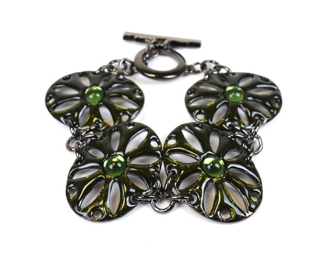 Signed BABYLONE PARIS Vintage Green Enamel Black Metal Link Bracelet