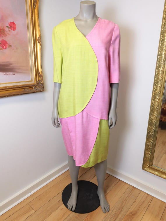 pink and lime green dress Peppermint Elf Christmas Sweater Dress L