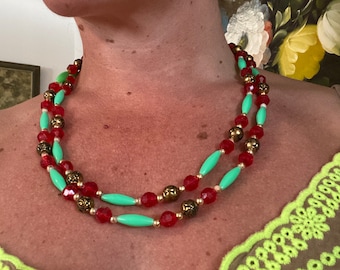 Women’s 1940’s mint green Beaded Long Necklace With Green And Orange Beads / Long Antique Flapper 40’s Style Estate Necklace