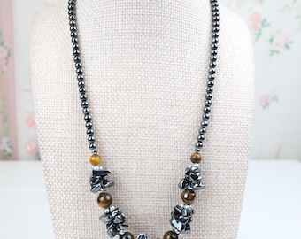 Vintage beaded hematite and tigers eye stone necklace