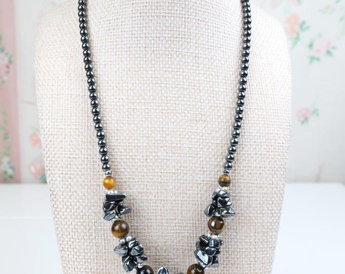 Vintage beaded hematite and tigers eye stone necklace