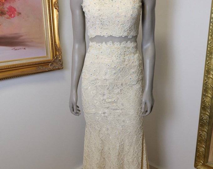 Vintage Lace Mermaid Gown, Sheer Cutout Prom Dress, Size Small