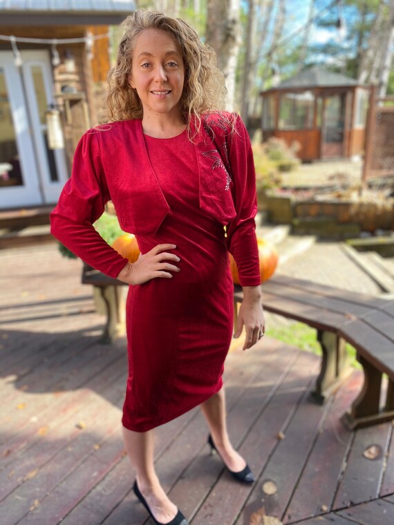 Mersace Vintage Red Velvet Dress with Beaded Jacke