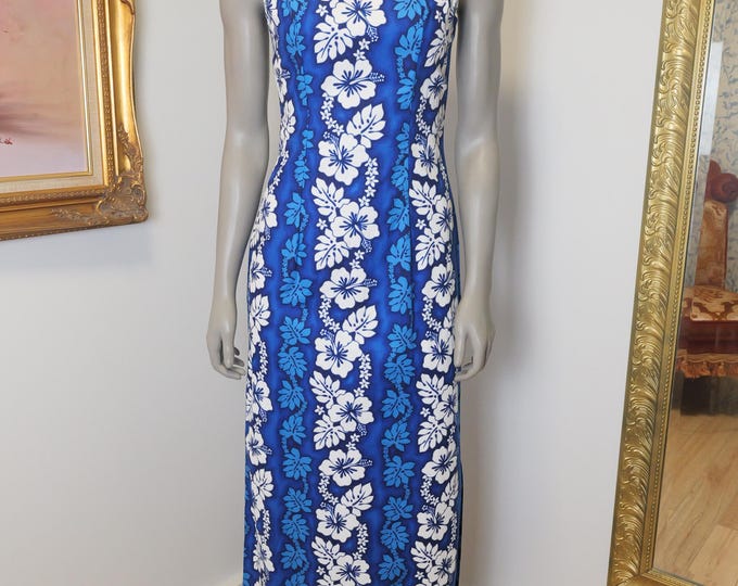 Vintage Hawaiian Dress / Blue And WHite Long Cotton Maxi Dress Made In Hawaii / Vacation Dress / Resort Wear / Cruise Wear
