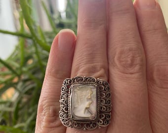 Old mother of pearl carved cameo costume ring
