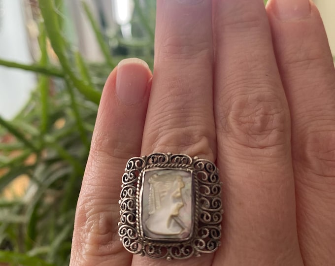 Old mother of pearl carved cameo costume ring