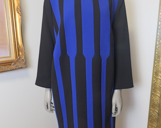 Women’s vintage couture dress / Size Large blue and black optical illusion dress / seamstress made shift with long sleeves / Winter dress XL