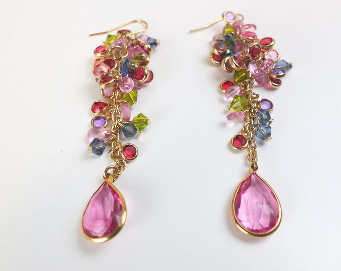 ON HOLD ////Vintage dangle drop earrings in pink green and purple / Gold shepherd's hook statement earrings / pastel colour