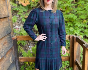Vintage Laura Ashley Wool Plaid Dress: Drop Waist Pleated Skirt