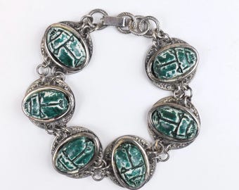Vintage Silver Tone Green Resin Scarab Link Bracelet