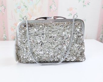 Vintage women’s 1950’s silver evening bag with top handle covered in silver beads and sequins beading / Bride accessories or gift for her