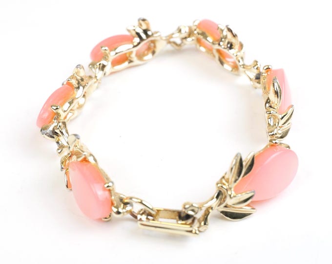 Bubble Gum Pink Thermoset Gold Tone Floral Inspired Vintage 1940’s 1950’s Bracelet