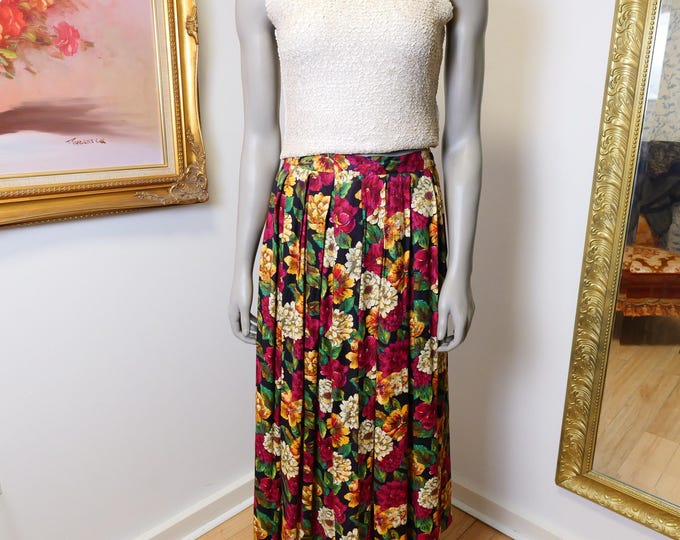 Vintage Susan Bristol Floral Midi Skirt: 90s High Waist Pleated Rayon