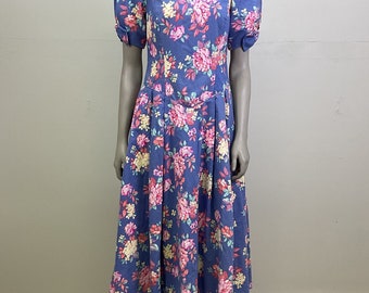Vintage Laura Ashley Cotton Dress: Periwinkle Floral Cottagecore (US Size 12)