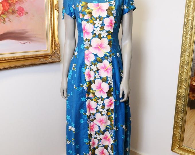 Vintage Hawaiian Cotton Dress: Hibiscus Print Waterfall Back