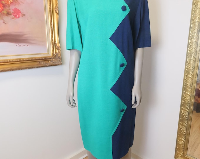 Vintage zig zag geometric Colour block print dress in size large / Seamstress made custom dress / Green and blue short sleeve shift dress