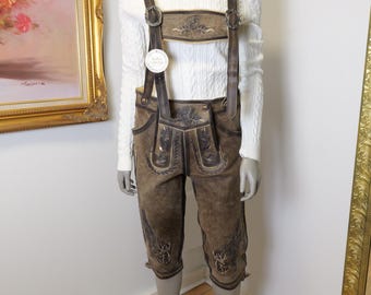Vintage leather Lederhosen trouser pants with tooled leather and antler buttons