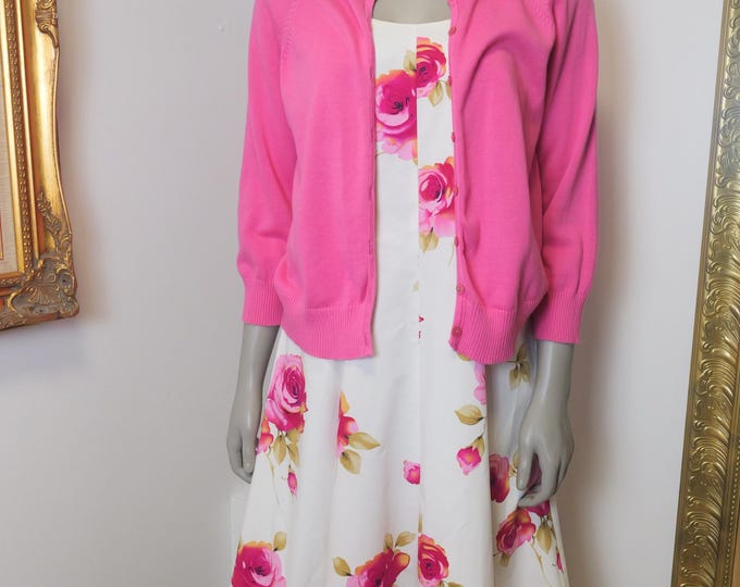 White summer dress with pink roses and matching cardigan sweater size 14 / Plus size vintage clothing / Summer fit