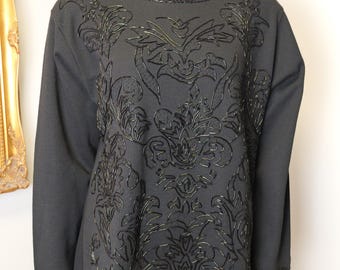 Vintage black beaded pull over sweater / Women’s size Large Made in Hong Kong beaded oversized wool sweater / Dressy Sweater / Work Sweater