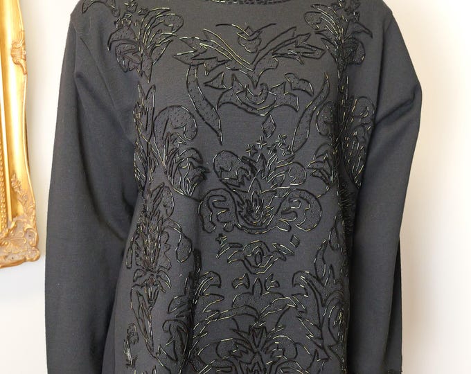 Vintage black beaded pull over sweater / Women’s size Large Made in Hong Kong beaded oversized wool sweater / Dressy Sweater / Work Sweater
