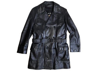 Men’s Vintage Black Leather Trench Coat By Mac Mor Canada size Medium