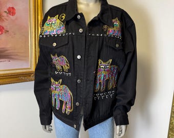 Women's vintage black denim jacket with crazy cat art Jonathan G