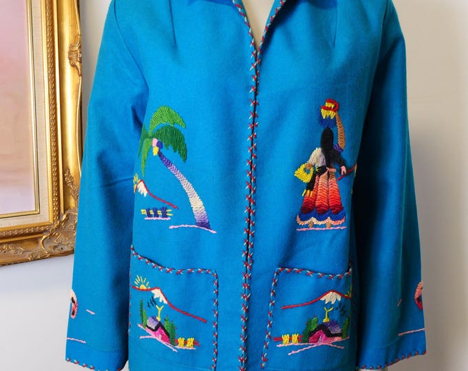 Vintage 1940's Authentic Mexico Tourist Jacket / Women's wool blazer with hand embroidery Small