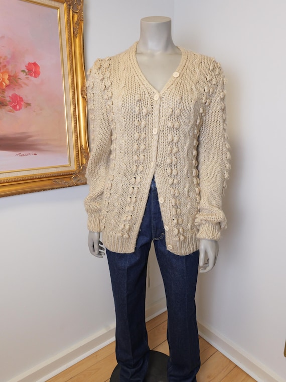 Vintage Hand Knit Bobble Cardigan Sweater: Beige Textured Top - Main Image
