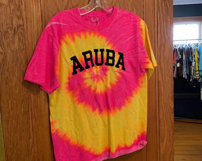 Vintage Tie Dye Aruba Tourist T-Shirt / 90’s Vintage T Shirt / Pink And Yellow Top / Vacation Clothing / Beach Day Shirt Medium/ Hand Dyed