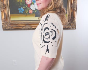 Ira Berg Vintage Cream Shift Dress: Embroidered Black Rose Sleeves