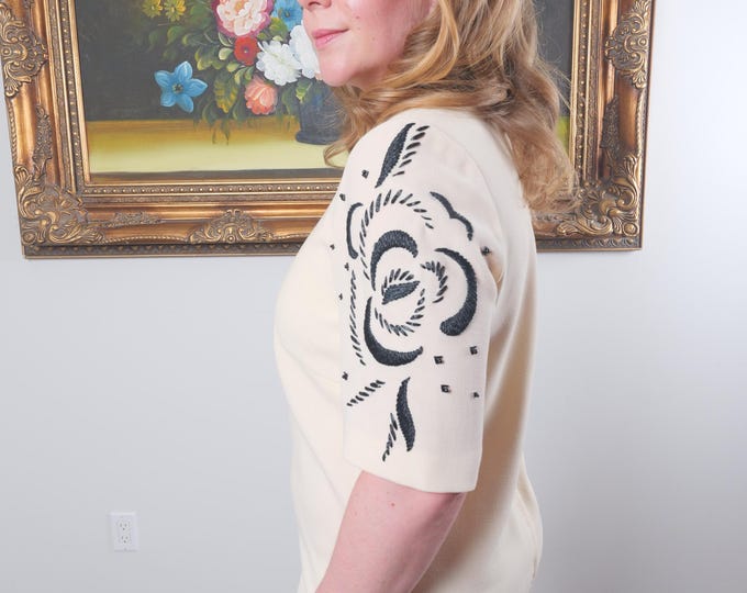Ira Berg Designer Cream cocktail dress with embroidered and beaded black rose sleeves / Short Sleeve Shift Dress / Classy modest dress Large