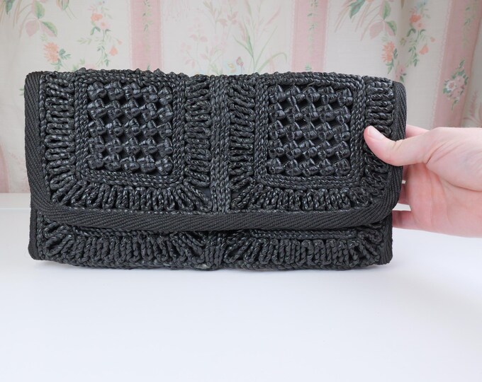Vintage black wicker clutch purse / Maas Brothers Florida beach vibes clutch handbag / Golden Girls bag / Cruise / Resort wear evening bag