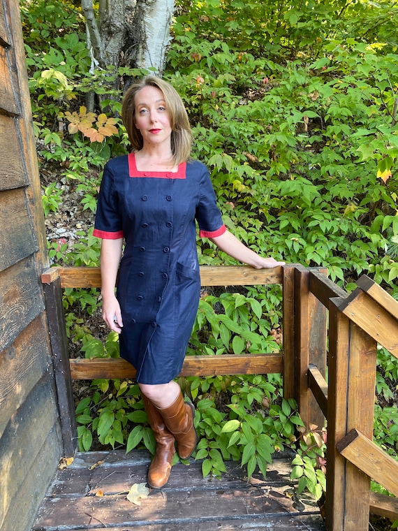 linen sailor dress Linen Sailor Dress: Navy Blue Midi Shirtdress