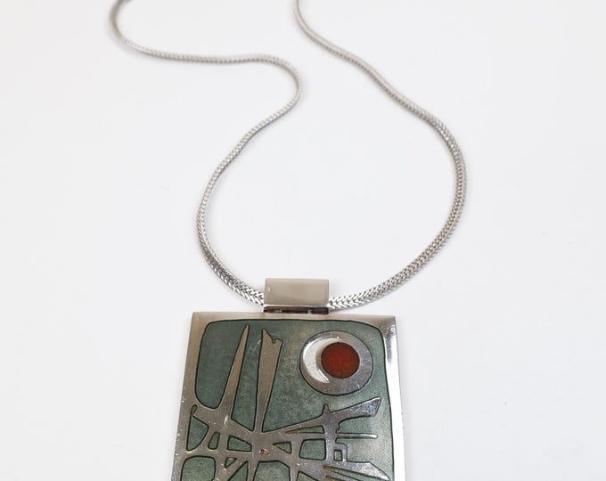 Vintage De Passille Sylvestre Enamel and Chrome Silver Tone Pendant with abstract art large square pendant on original chain / Artist signed