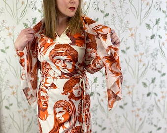 Vintage 70s La Mendola Roman Faces Dress with Matching Scarf & Belt