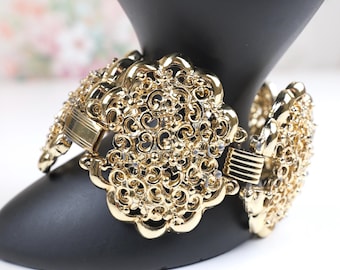 Vintage Five Panel Filigree Gold Tone Wide Link Bracelet 1960’s 1970’s