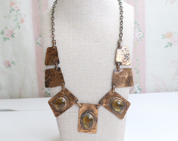 Vintage Rafael Canada Hammered Copper Necklace With Yellow Murano Glass Stones / Modernist statement necklace / Canadian Art